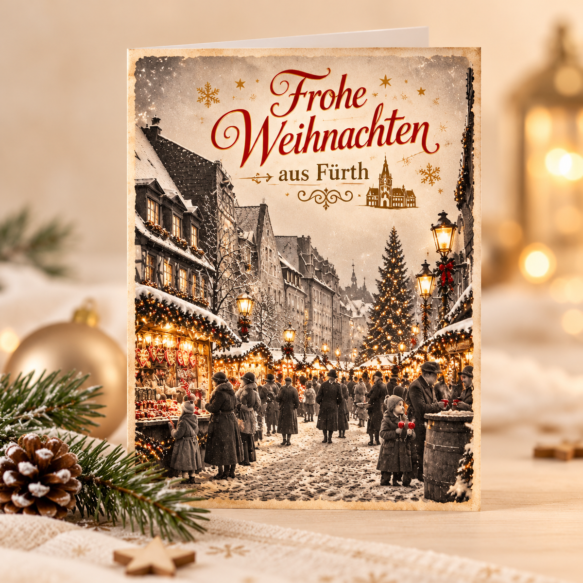 Nostalgische Weihnachtskarte „Frohe Weihnachten aus Fürth“ – Vintage-Motiv im A6-Format