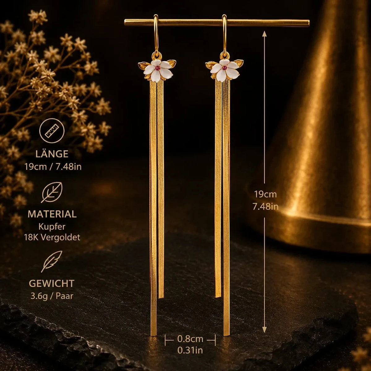 18K Vergoldete Blumen Ohrringe Damen Lange Quasten Ohrhänger Gold