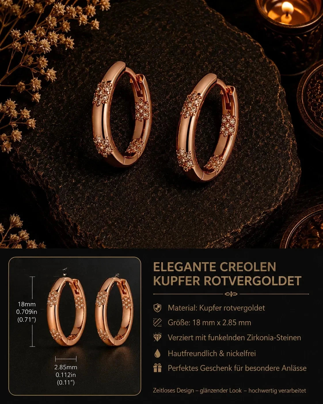Elegante Ohrringe – Rosévergoldet mit Zirkonia 27mm