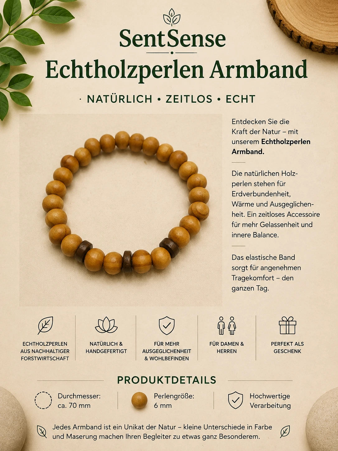 Elegantes Holzarmband – Zylindrische Holzperlen | Natürlich • Zeitlos • Unisex