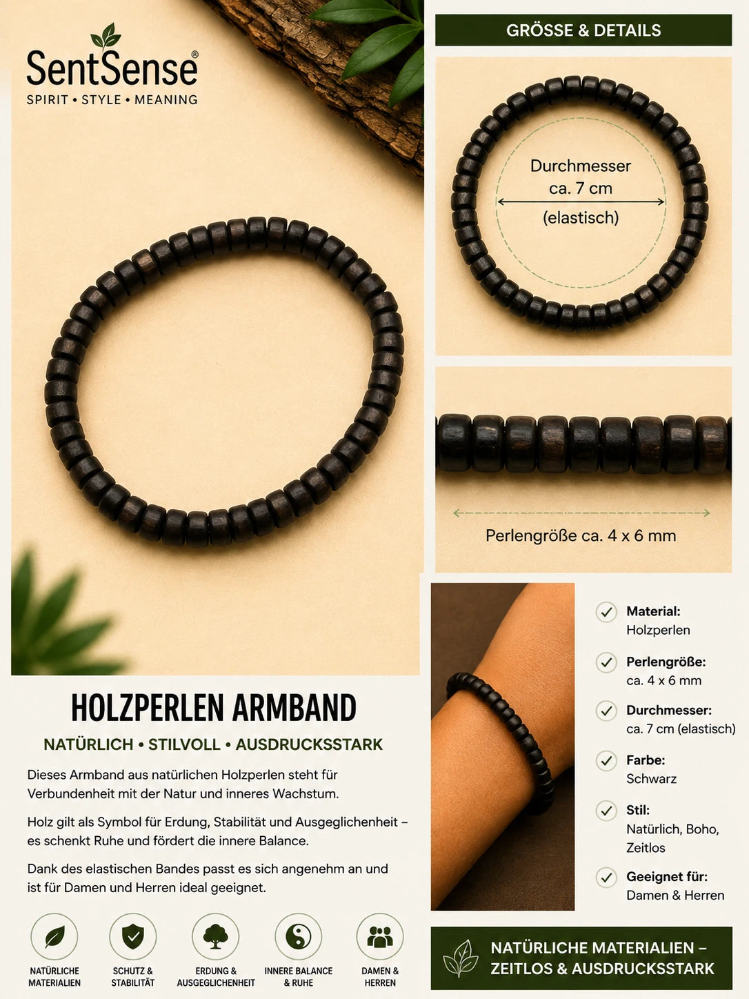 Elegantes Holzarmband – Zylindrische Holzperlen| Natürlich • Unisex