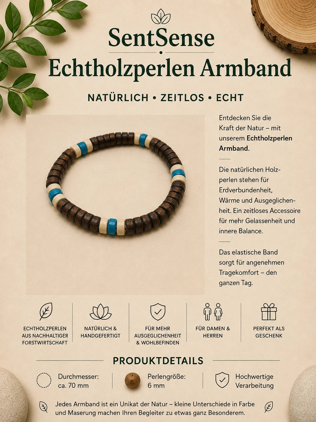 Elegantes Holzarmband – Zylindrische Holzperlen | Natürlich • Zeitlos • Unisex