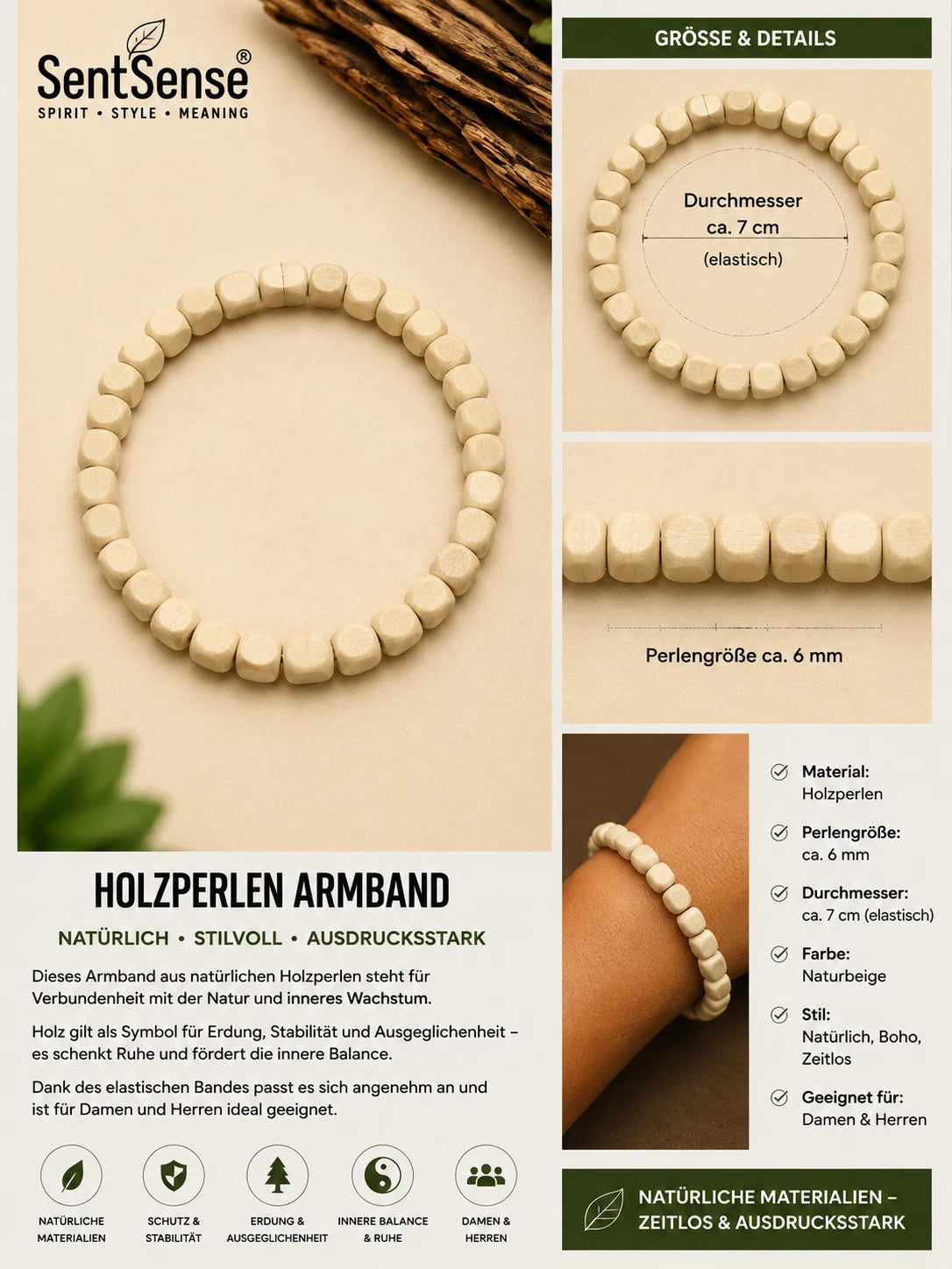 Elegantes Holzarmband – Zylindrische Holzperlen | Natürlich • Zeitlos • Unisex