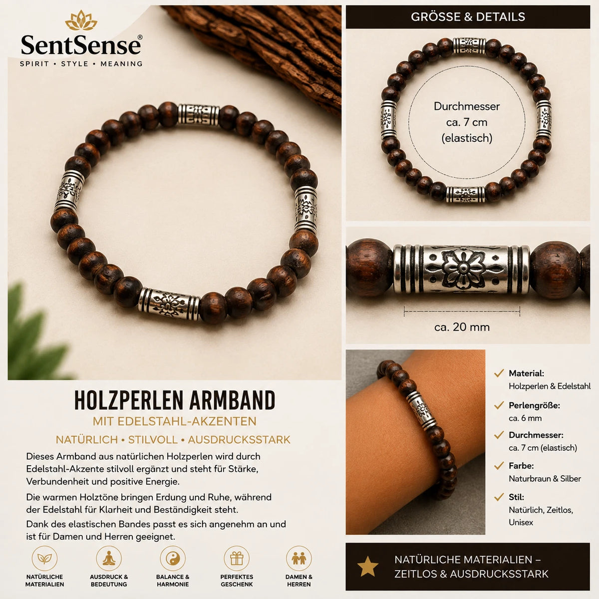 Elegantes Holzarmband – Zylindrische Holzperlen | Natürlich • Zeitlos • Unisex