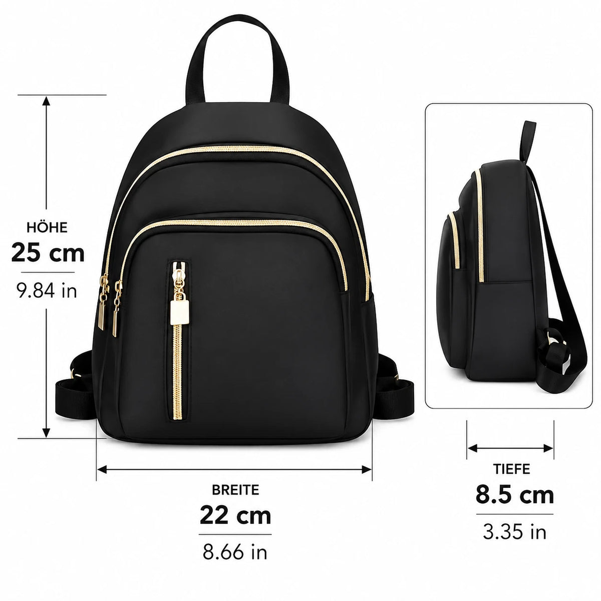 Damen Rucksack Schwarz mit goldfarbenen Reißverschlüssen Eleganter Cityrucksack
