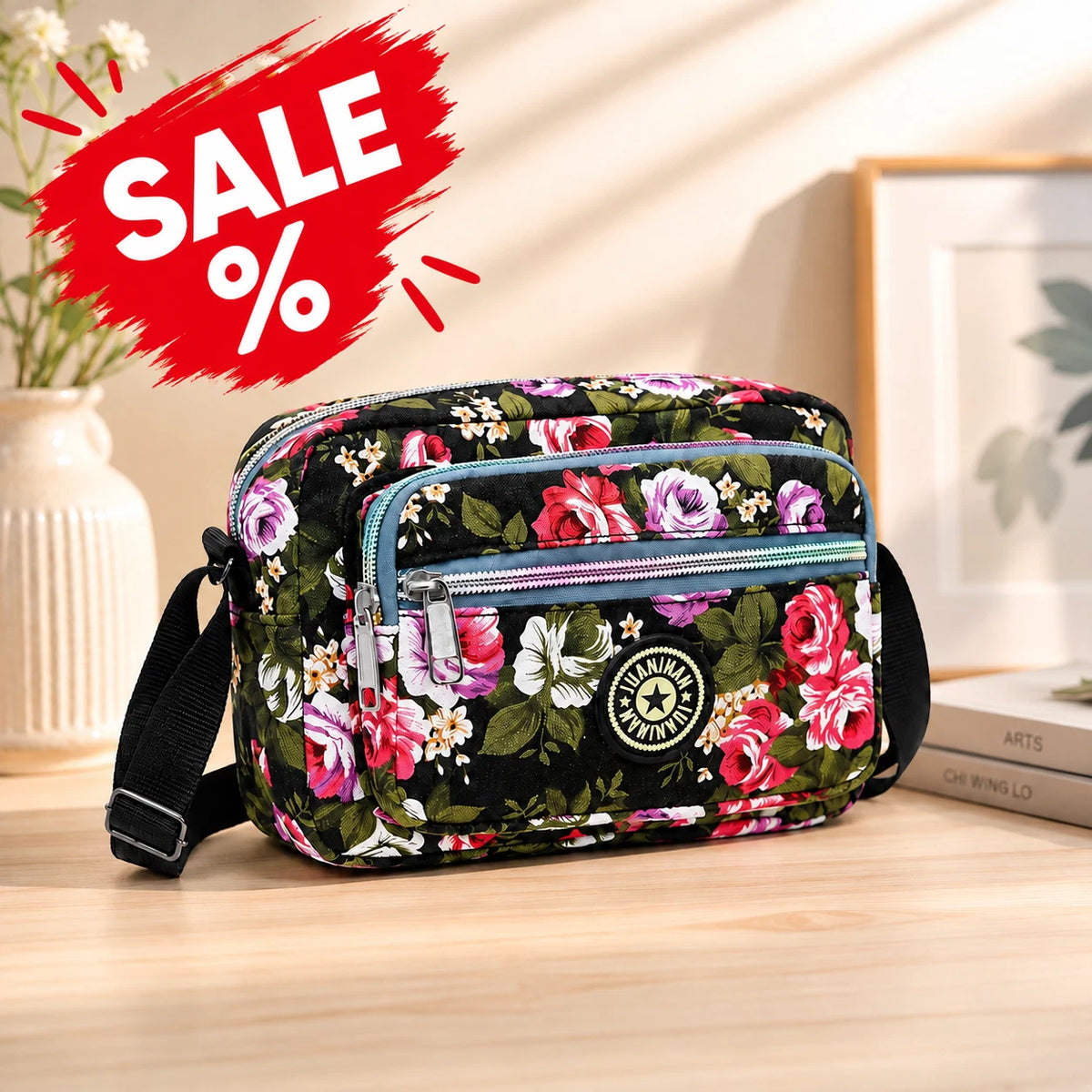 Damen Umhängetasche mit Blumenmuster – Schultertasche aus Polyester