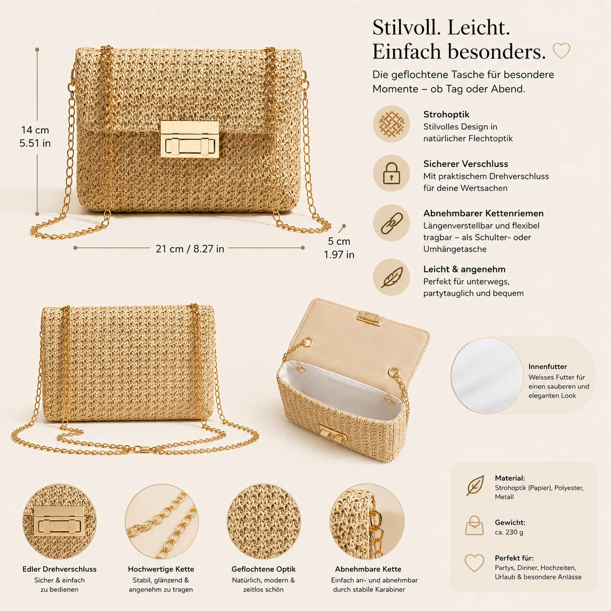 Damen Umhängetasche in Strohoptik Beige mit goldener Kette – elegante Clutch