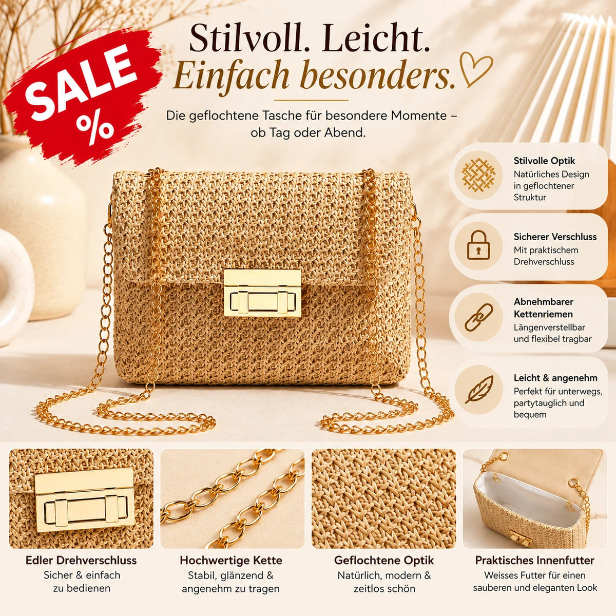 Damen Umhängetasche in Strohoptik Beige mit goldener Kette – elegante Clutch