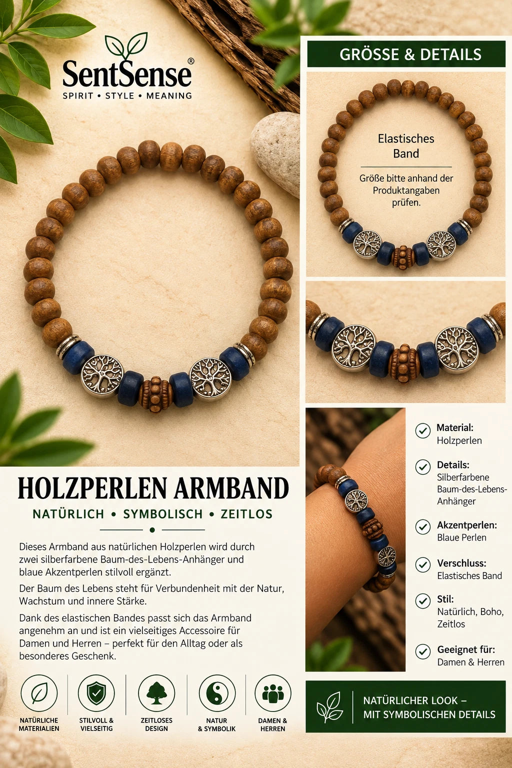 Elegantes Holzarmband – Zylindrische Holzperlen | Natürlich • Zeitlos • Unisex