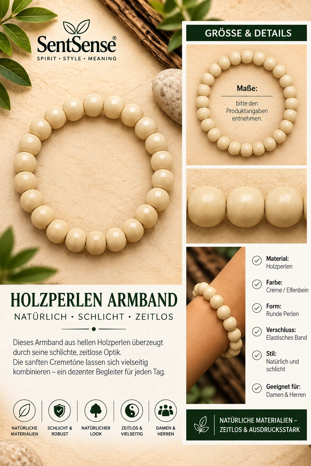 Elegantes Holzarmband – Zylindrische Holzperlen | Natürlich • Zeitlos • Unisex