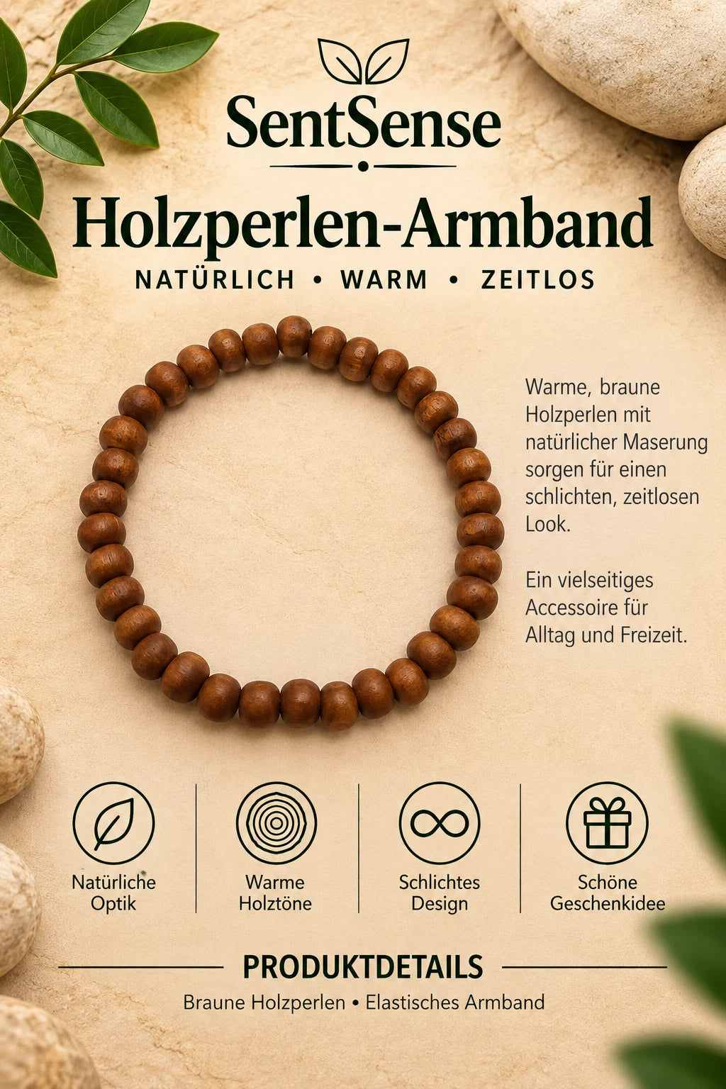 Elegantes Holzarmband – Zylindrische Holzperlen | Natürlich • Zeitlos • Unisex
