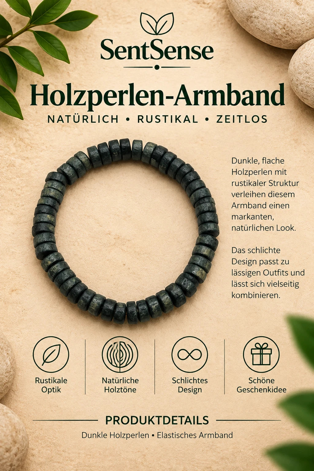 Elegantes Holzarmband – Zylindrische Holzperlen | Natürlich • Zeitlos • Unisex