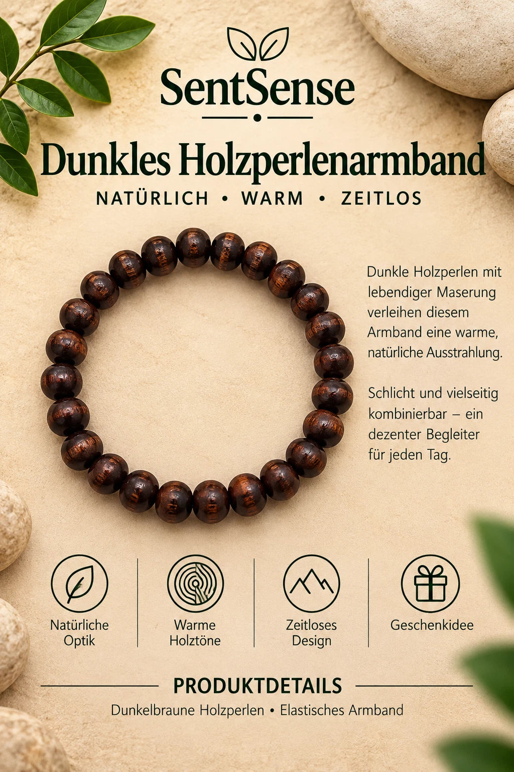 Elegantes Holzarmband – Zylindrische Holzperlen | Natürlich • Zeitlos • Unisex
