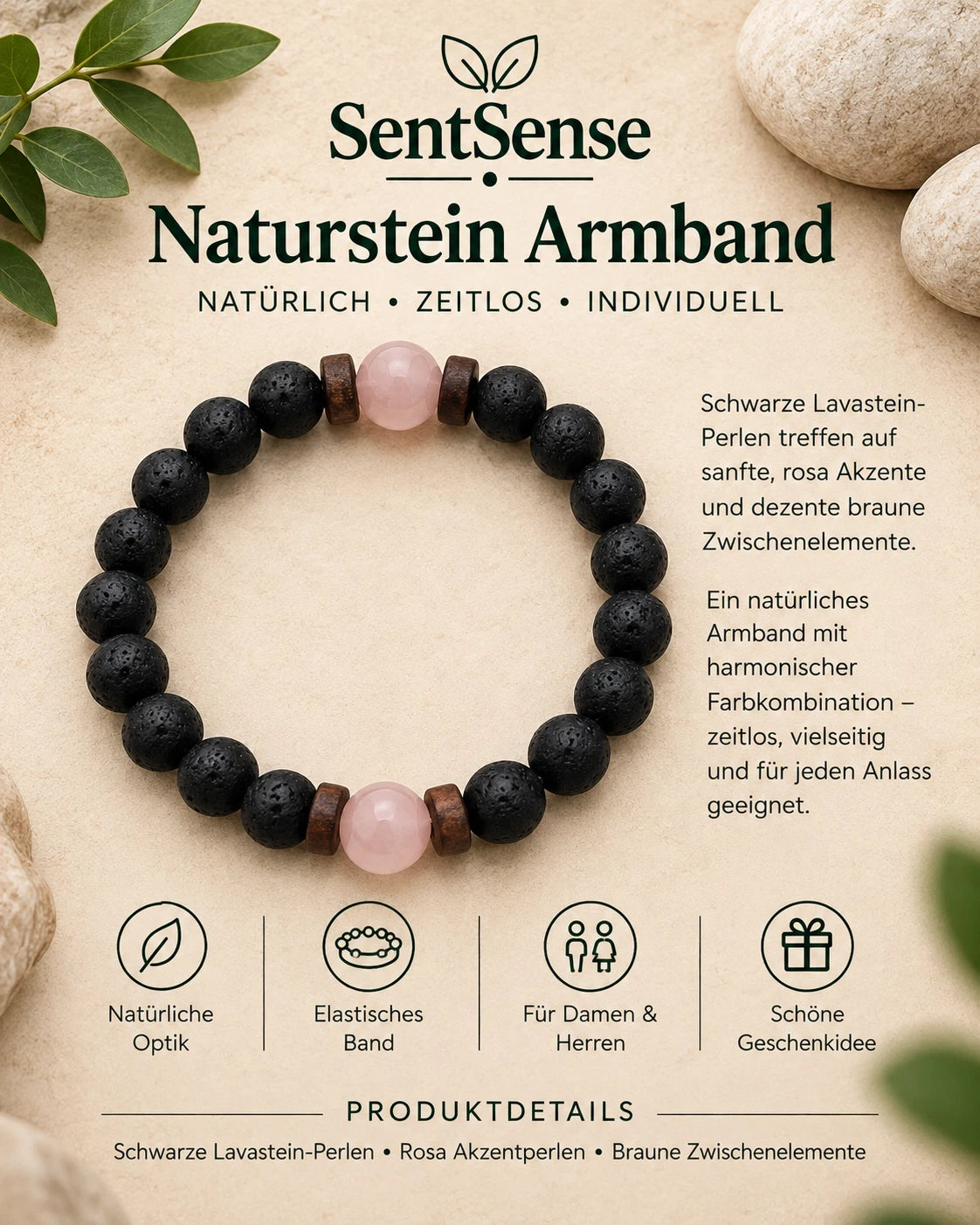 SentSense Naturstein Armband – Elastisch & Zeitlos Lavastein