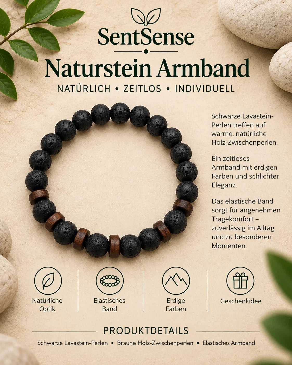 SentSense Naturstein Armband – Elastisch & Zeitlos Lavastein