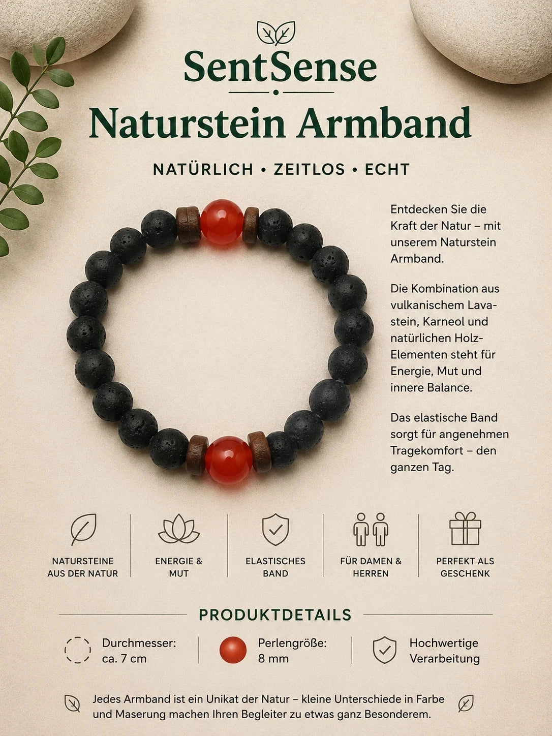 SentSense Naturstein Armband – Elastisch & Zeitlos Lavastein