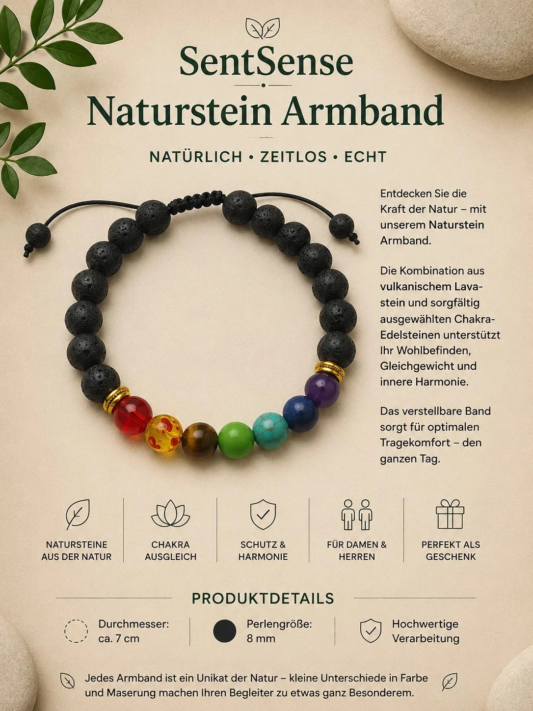 SentSense Naturstein Armband – Elastisch & Zeitlos Lavastein