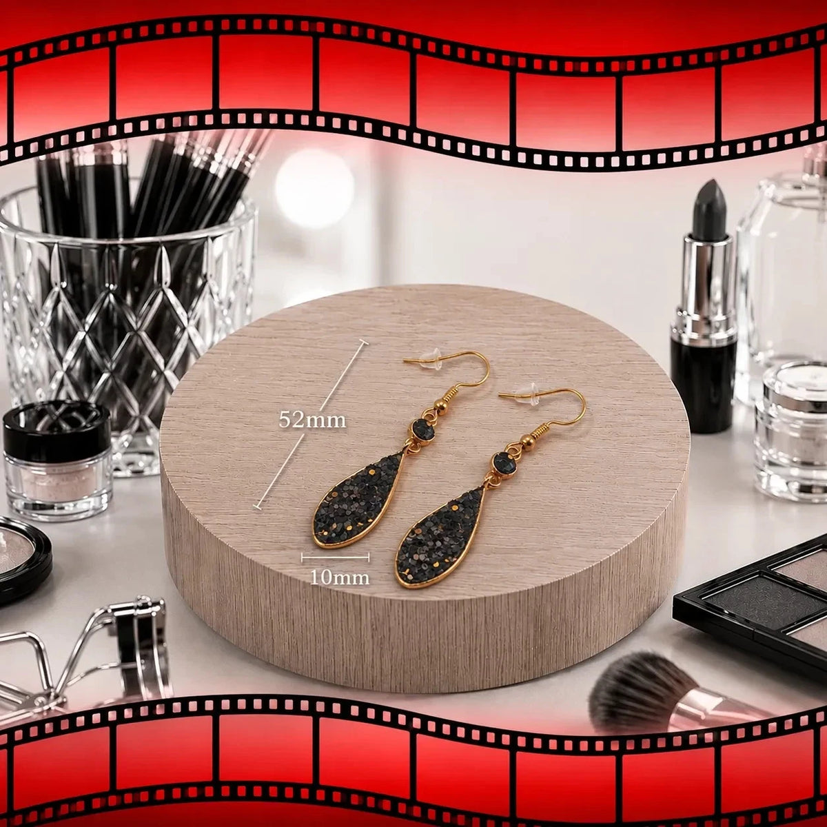 Ohrringe Damen Tropfen Schwarz Gold 18K vergoldet Kupfer 52mm