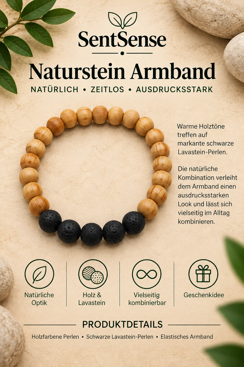 SentSense Naturstein Armband – Elastisch & Zeitlos