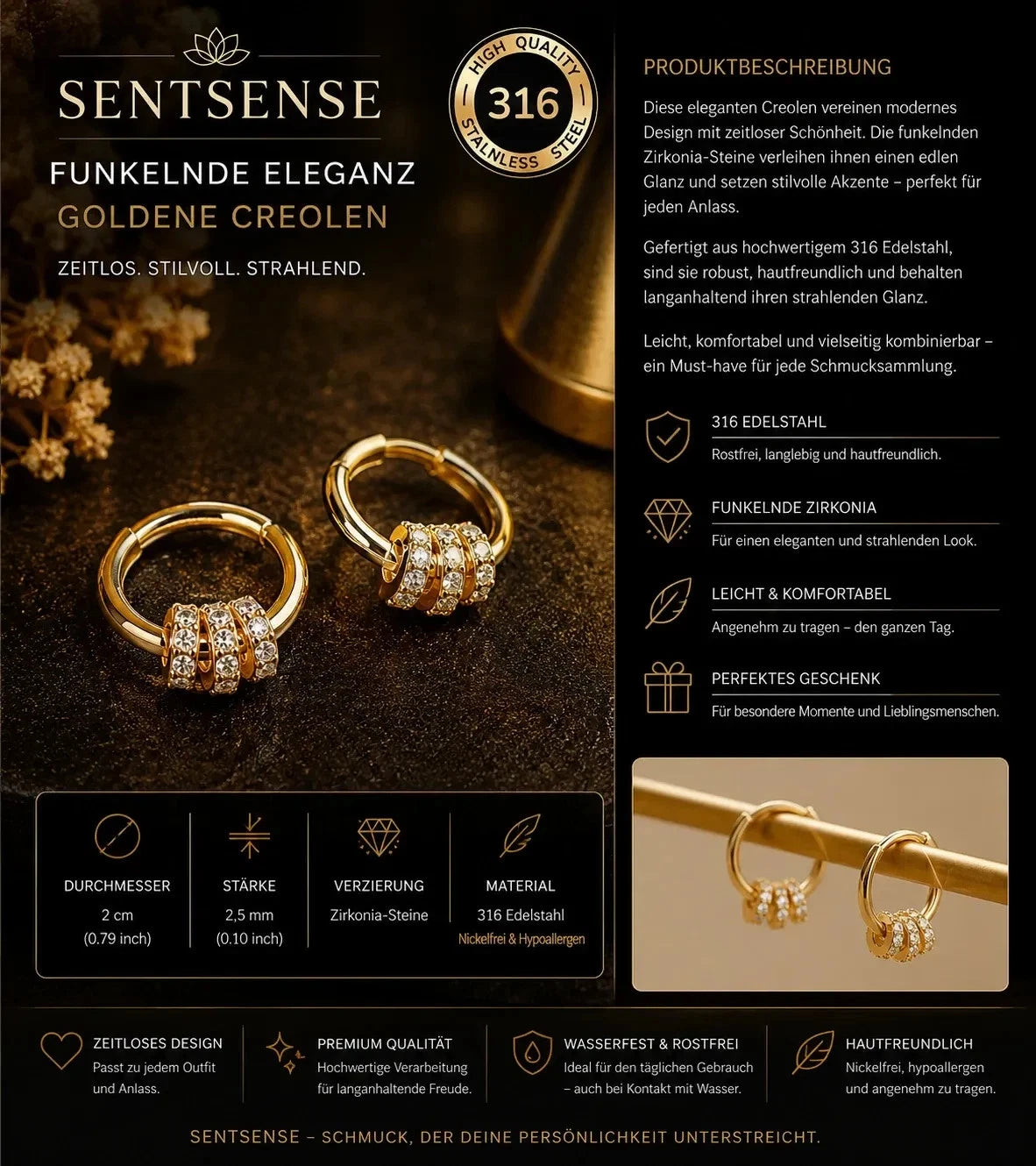 SentSense Funkelnde Creolen „Aurora“ – Goldene Eleganz aus 316 Edelstahl