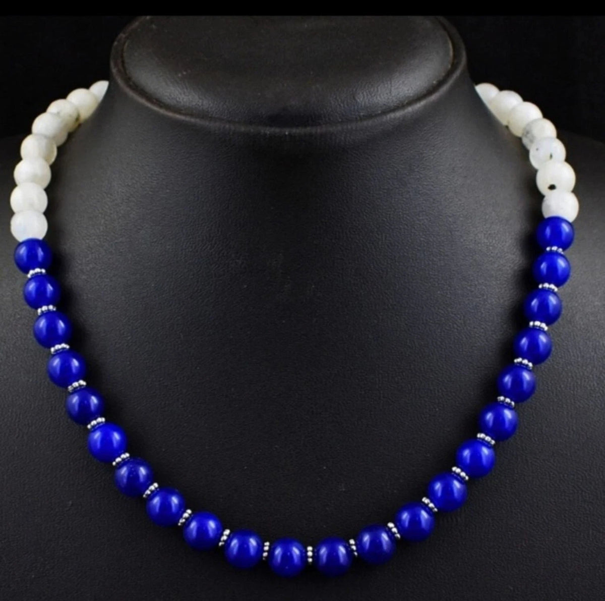 Moonstone & Sapphire Halskette 20" – 8 mm Edelsteine – 241 ct – Blau/Weiß