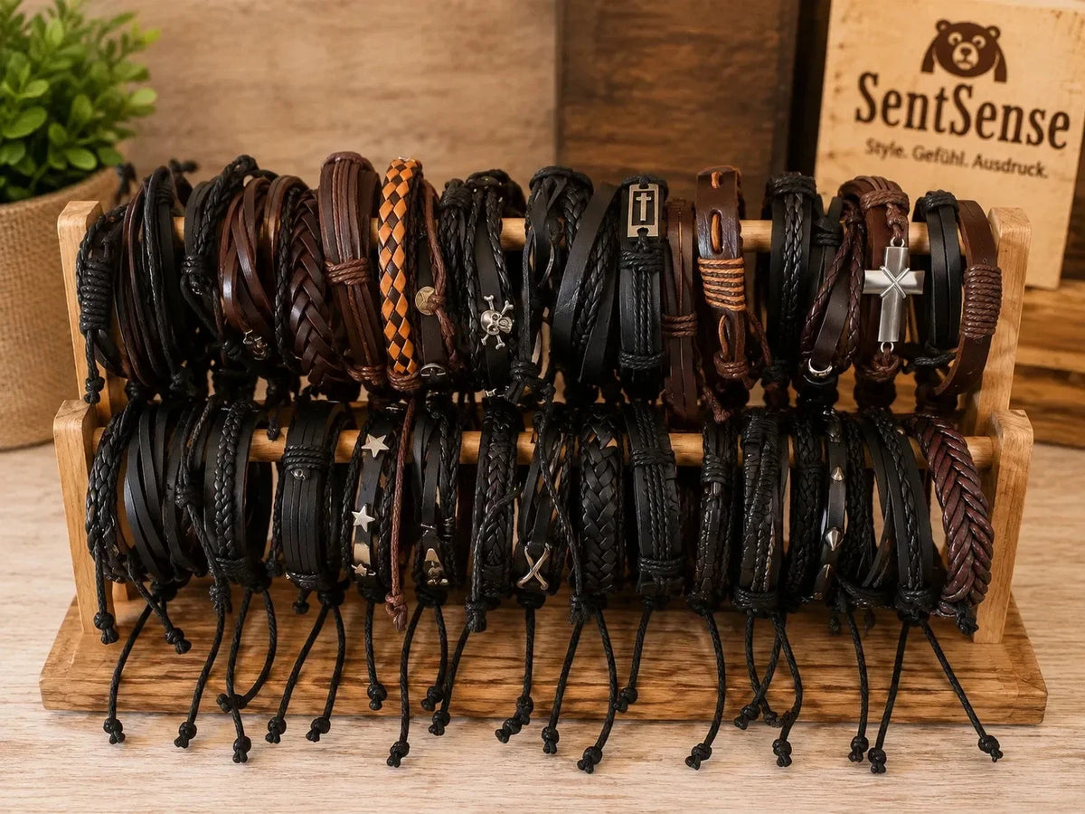 3er Set Lederarmbänder PU Leder – Verschiedene Designs – 7 cm – Schnürverschluss