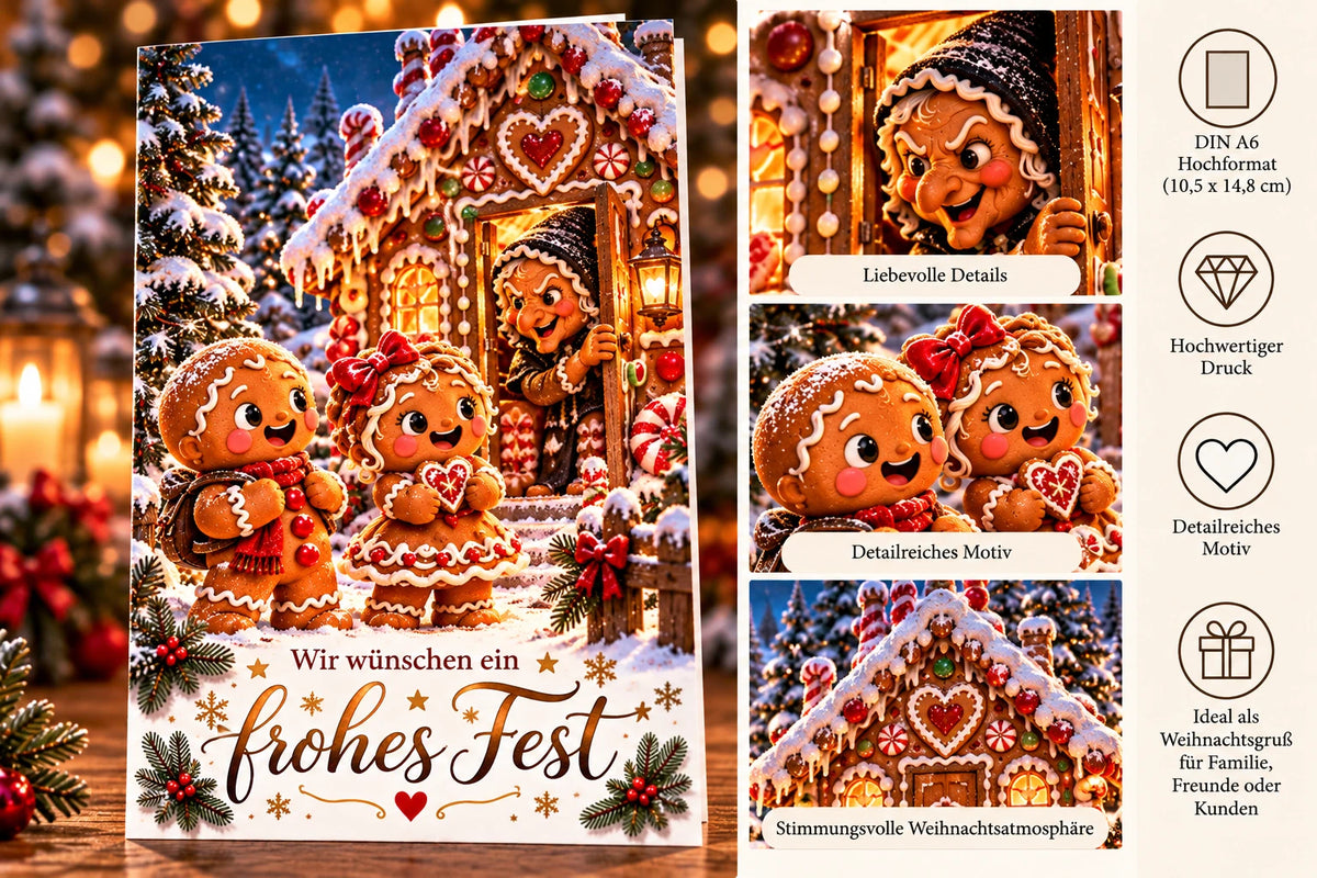 Weihnachtskarte DIN A6 Hochformat – Magische Lebkuchenfamilie mit „Frohes Fest“
