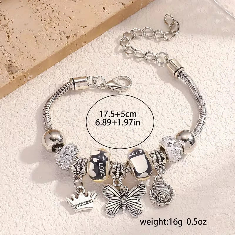 Charm-Armband mit Anhängern – Blau oder Schwarz – Krone, Schmetterling & Herz