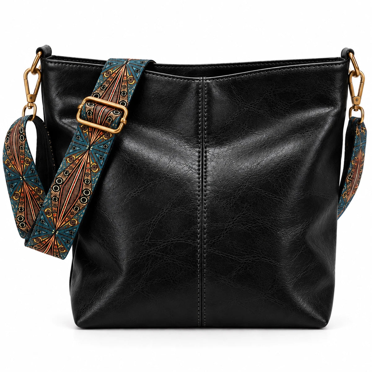 Umhängetasche PU Leder 32cm Schultertasche mit breitem Boho-Trageriemen