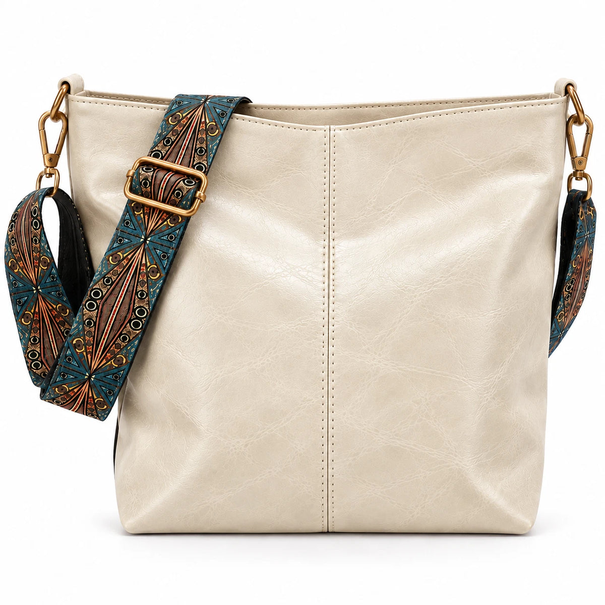 Umhängetasche PU Leder 32cm Schultertasche mit breitem Boho-Trageriemen