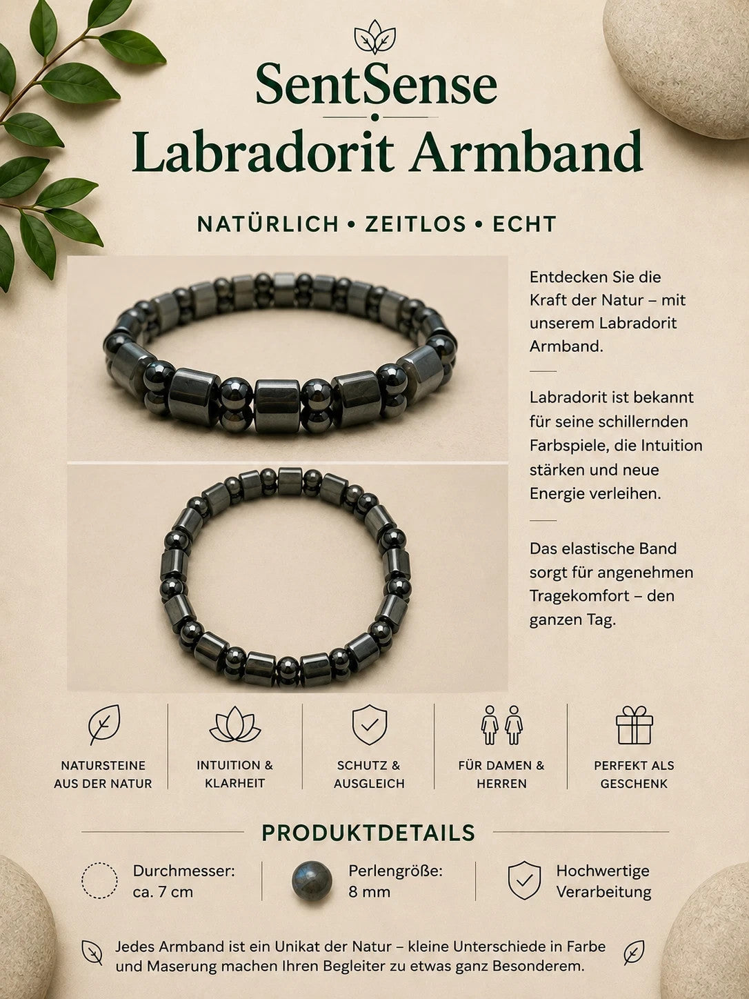 SentSense Naturstein Armband – Elastisch & Zeitlos