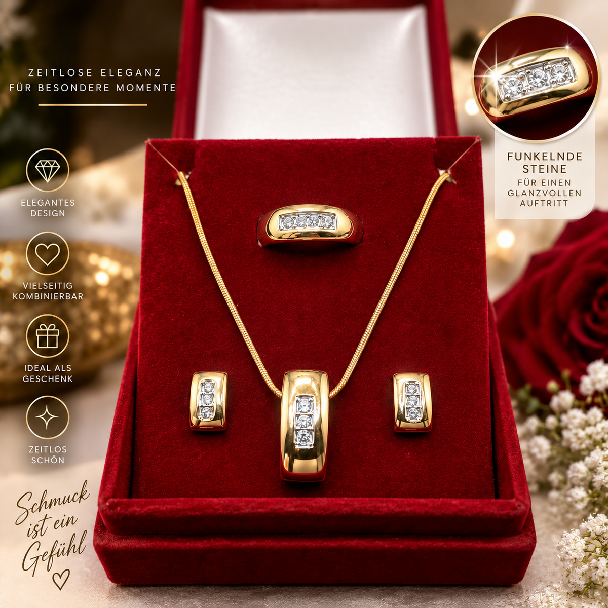 Elegantes 4-teiliges Schmuckset – 18 Karat vergoldeter Edelstahl mit funkelnden