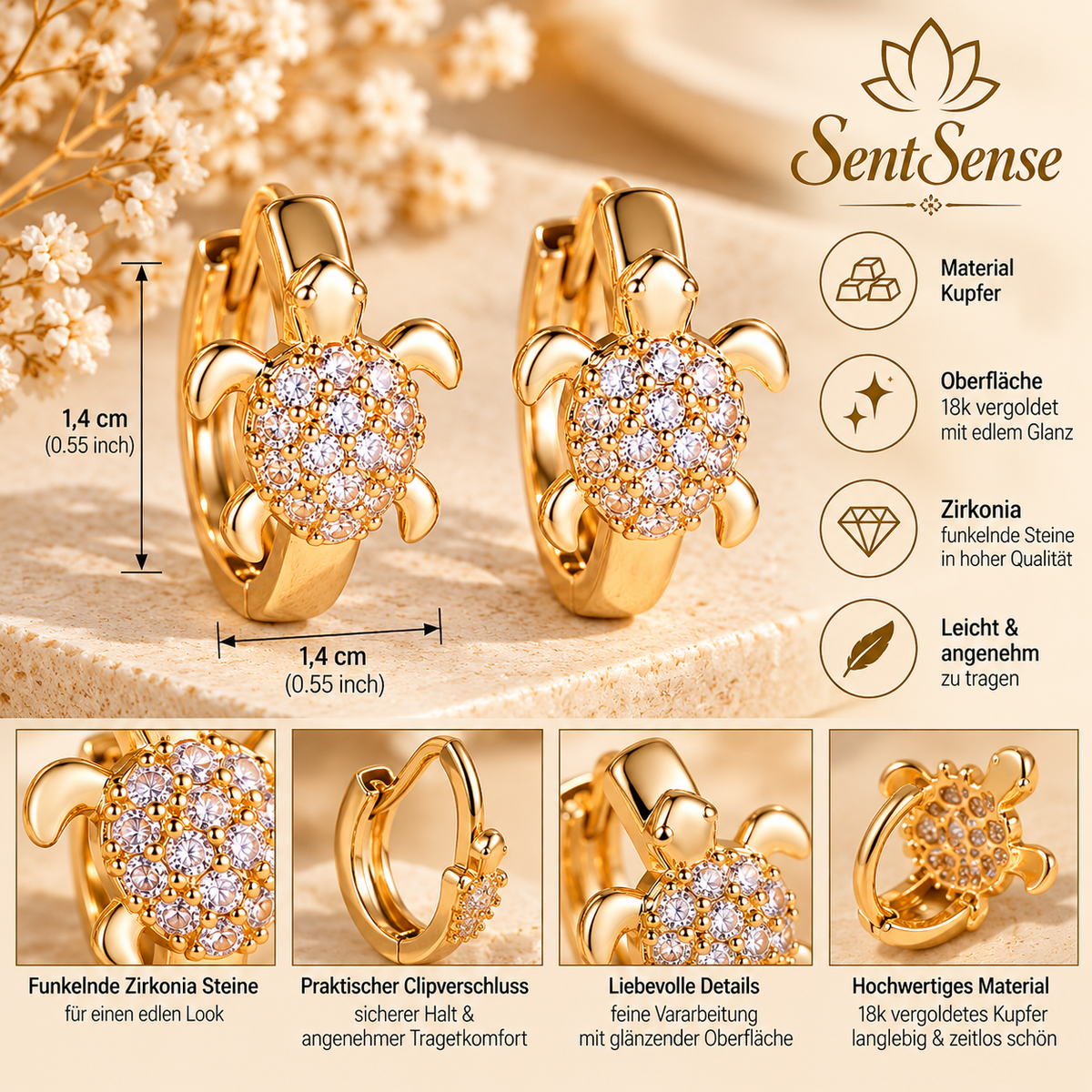 Schildkröten Ohrringe Gold – 18k vergoldetes Kupfer mit Zirkonia, 14 mm