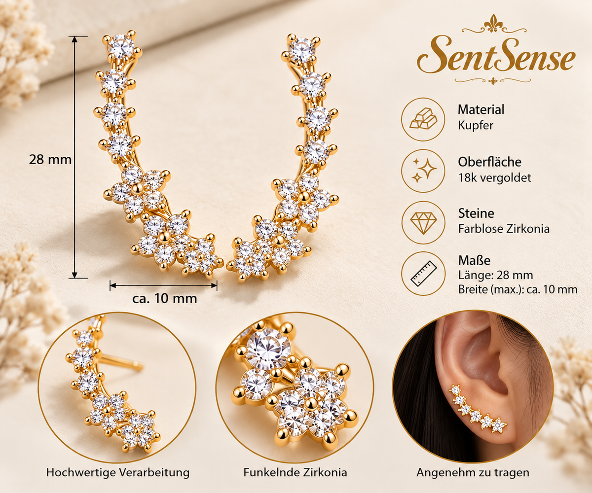 Elegante Ear Climber Ohrringe Gold – 18k vergoldet mit funkelnden Zirkonia
