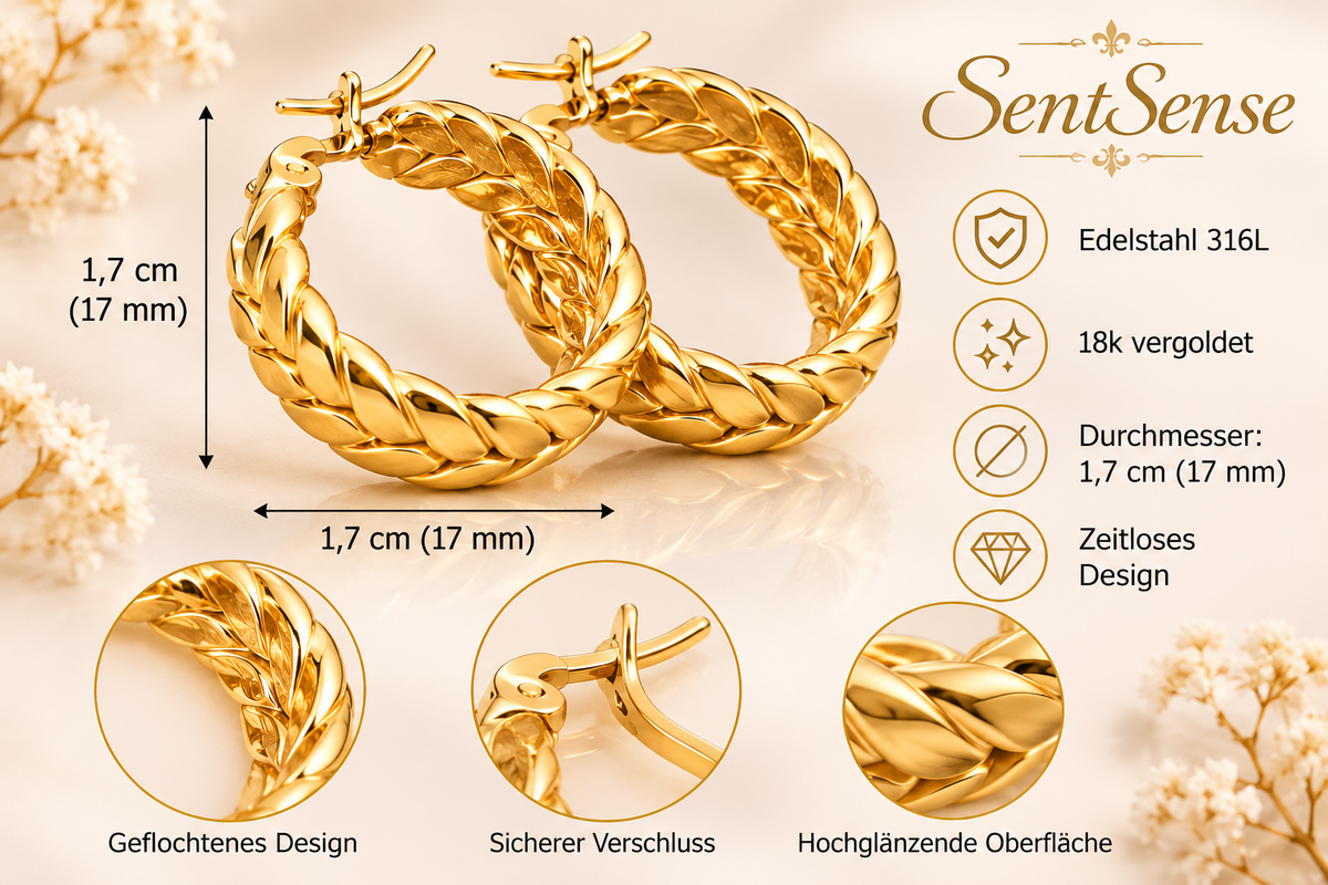 Geflochtene Creolen Gold – Edelstahl 316L, 18k vergoldet, 17 mm
