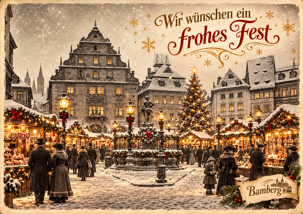 Nostalgische Weihnachtskarte „Bamberg“ – Historischer Weihnachtsmarkt um 1900 | DIN A6