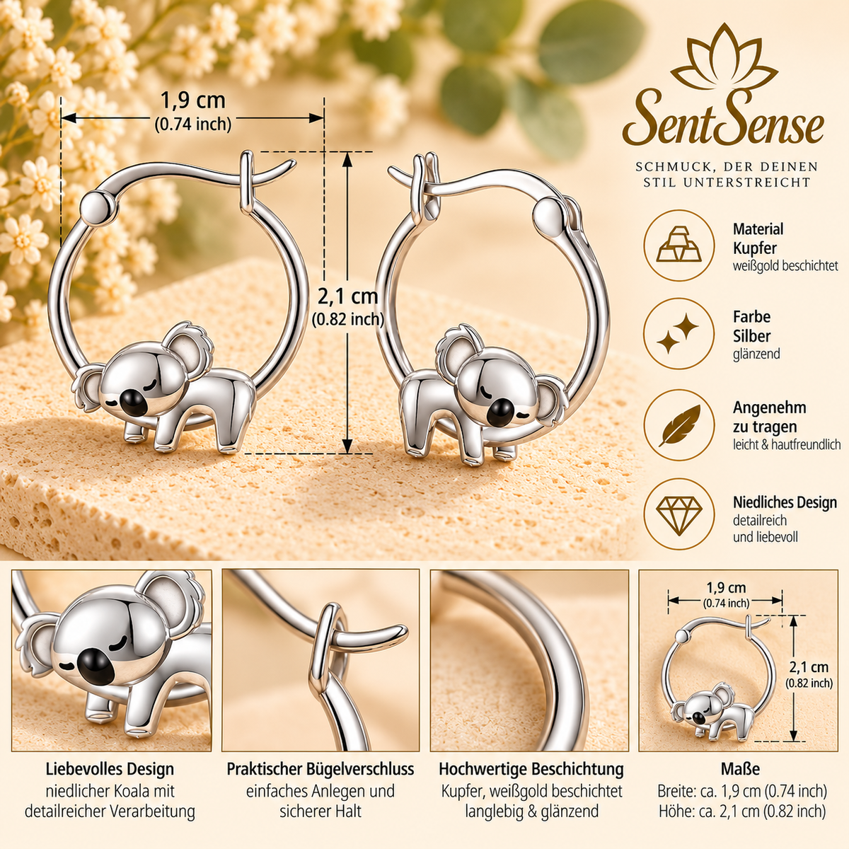 Koala Ohrringe Silber – Weißgoldbeschichtetes Kupfer, 2,1 cm