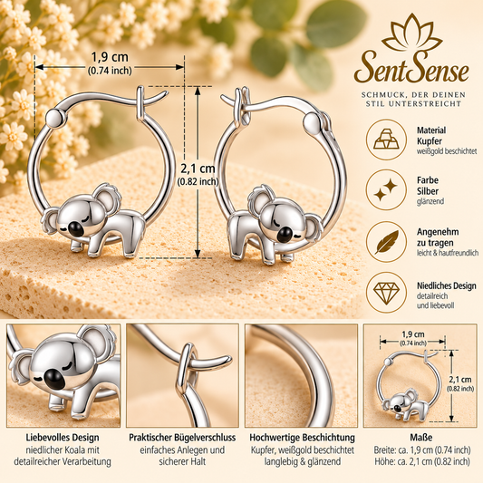 Koala Ohrringe Silber – Weißgoldbeschichtetes Kupfer, 2,1 cm