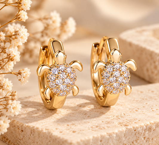 Schildkröten Ohrringe Gold – 18k vergoldetes Kupfer mit Zirkonia, 14 mm