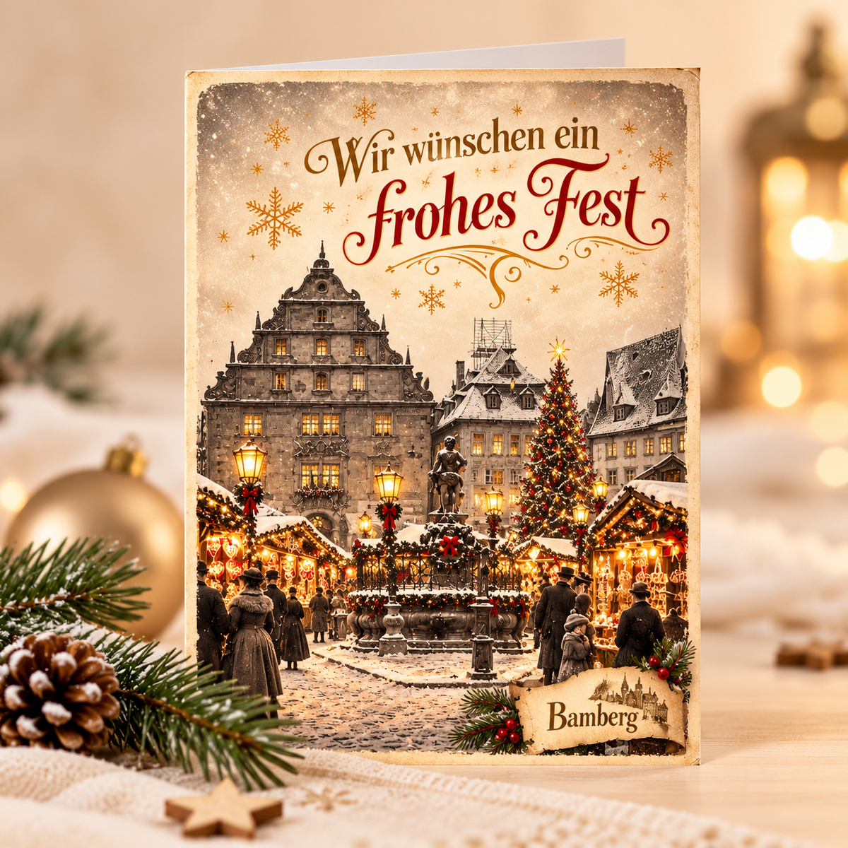 Nostalgische Weihnachtskarte „Bamberg“ – Historischer Weihnachtsmarkt um 1900 | DIN A6