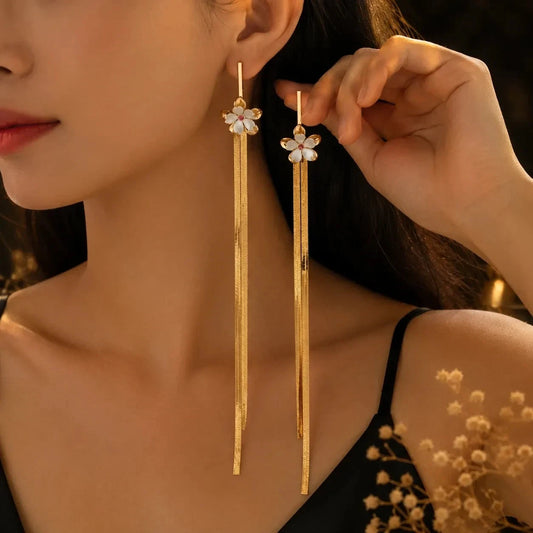 18K Vergoldete Blumen Ohrringe Damen Lange Quasten Ohrhänger Gold