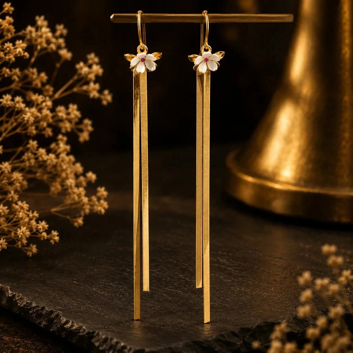 18K Vergoldete Blumen Ohrringe Damen Lange Quasten Ohrhänger Gold