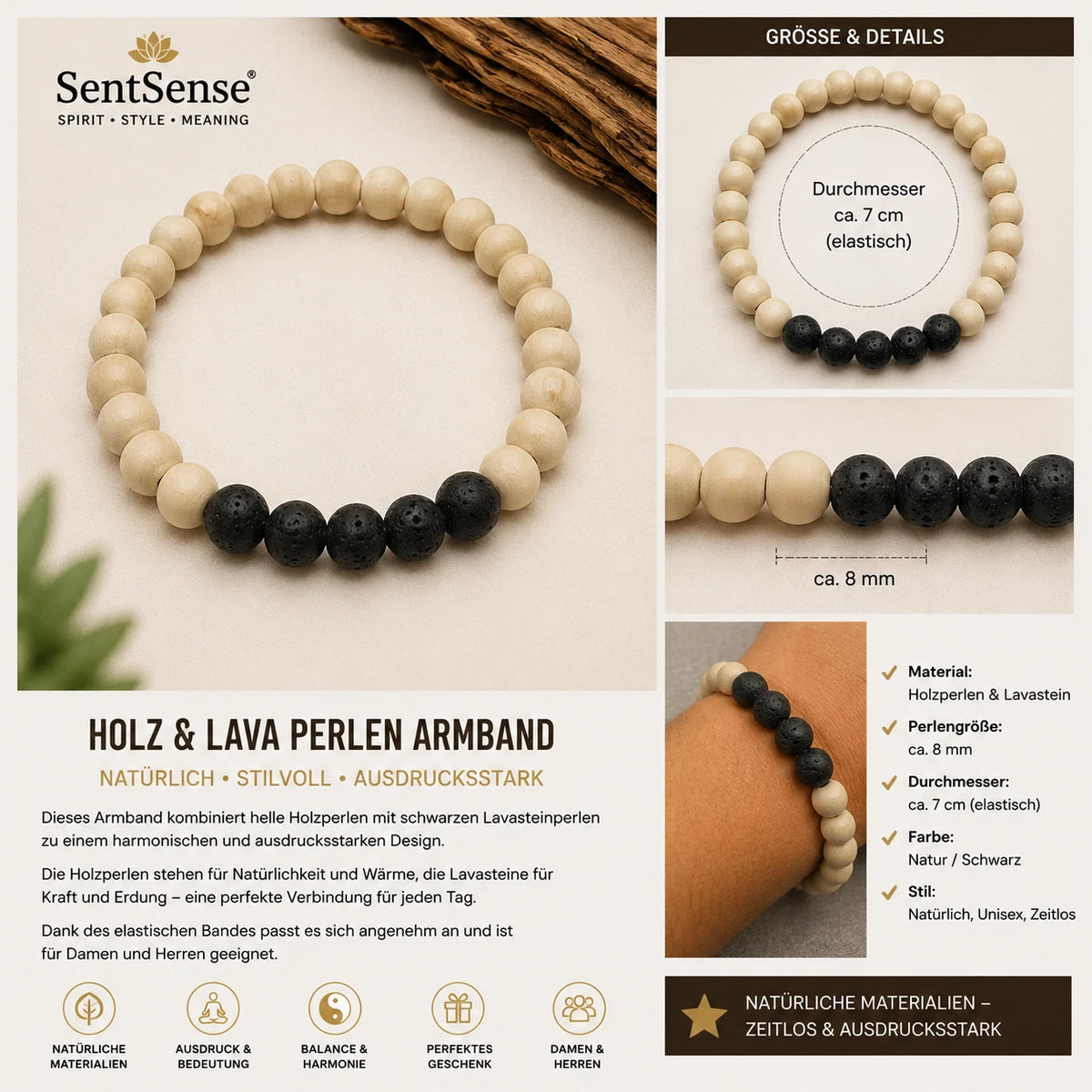 Elegantes Holzarmband – Zylindrische Holzperlen | Natürlich • Zeitlos • Unisex