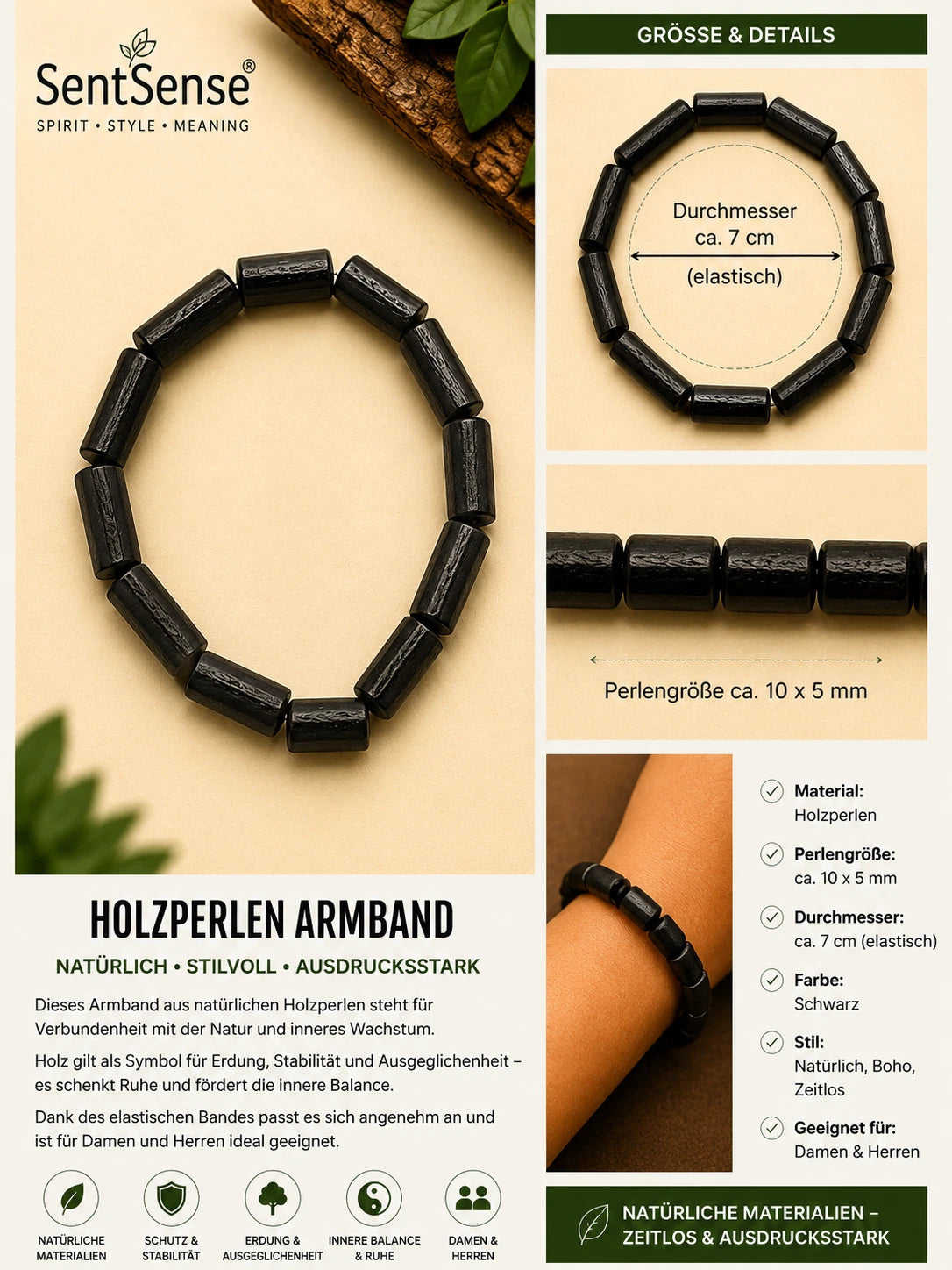 Elegantes Holzarmband – Zylindrische Holzperlen | Natürlich • Zeitlos • Unisex