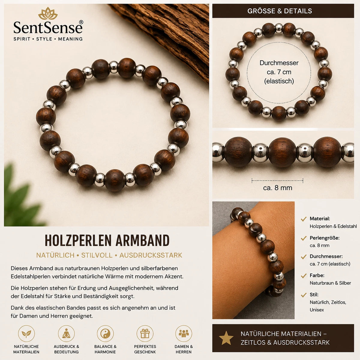 Elegantes Holzarmband – Zylindrische Holzperlen | Natürlich • Zeitlos • Unisex