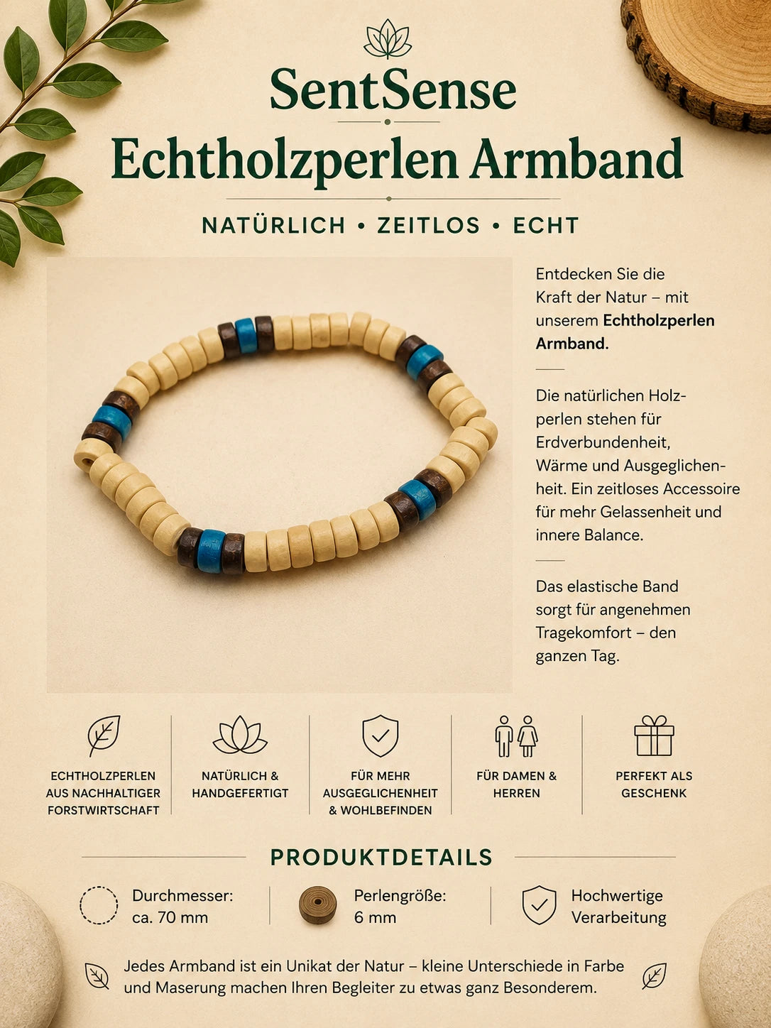 Elegantes Holzarmband – Zylindrische Holzperlen | Natürlich • Zeitlos • Unisex