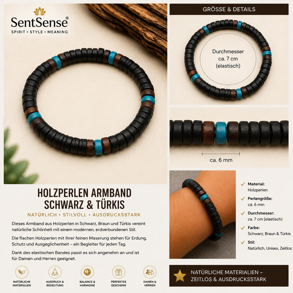 Elegantes Holzarmband – Zylindrische Holzperlen | Natürlich • Zeitlos • Unisex