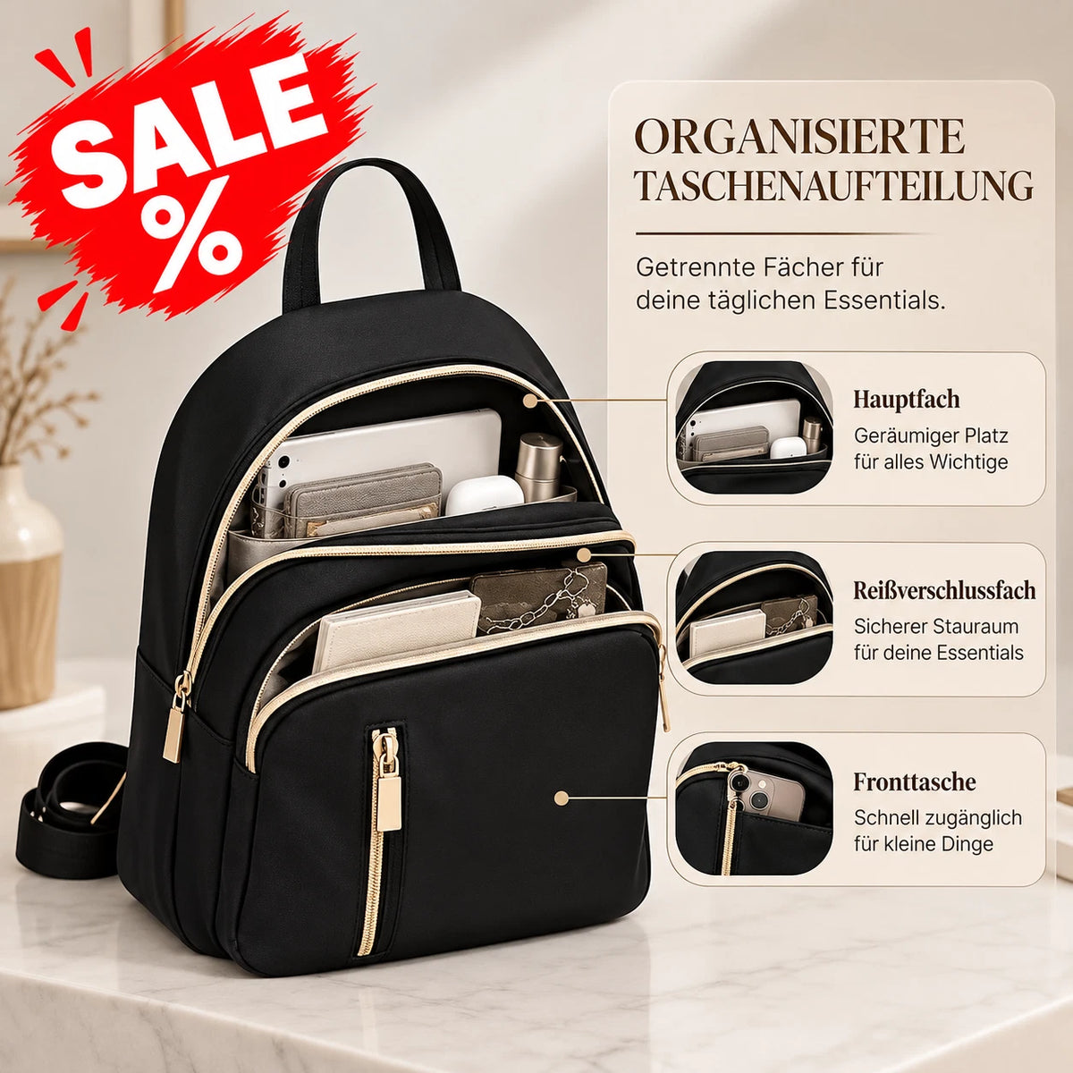Damen Rucksack Schwarz mit goldfarbenen Reißverschlüssen  Eleganter Cityrucksack