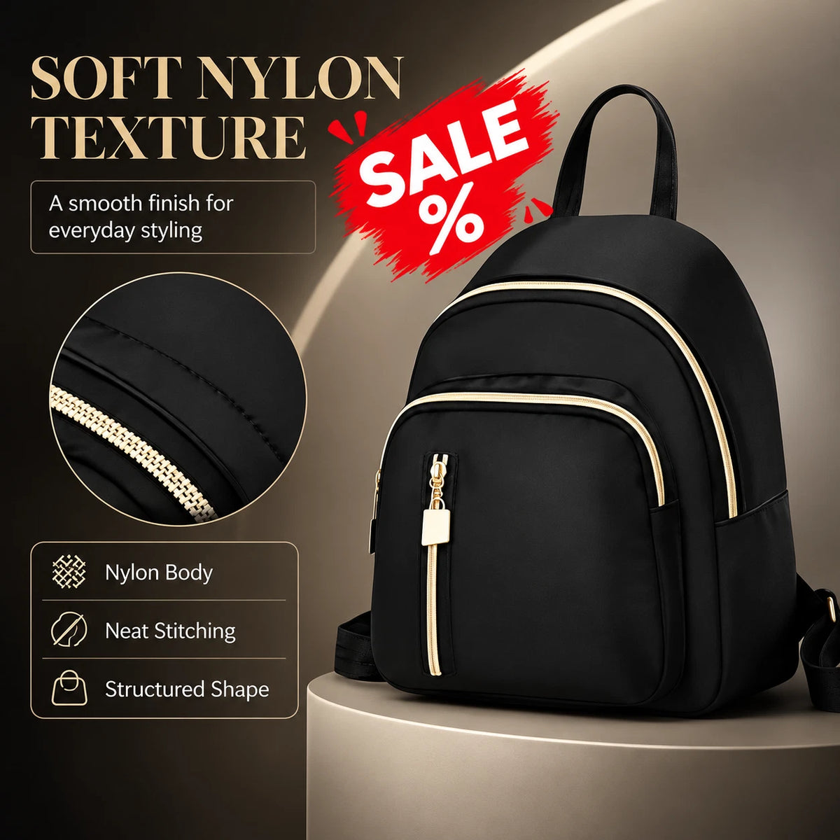 Damen Rucksack Schwarz mit goldfarbenen Reißverschlüssen  Eleganter Cityrucksack