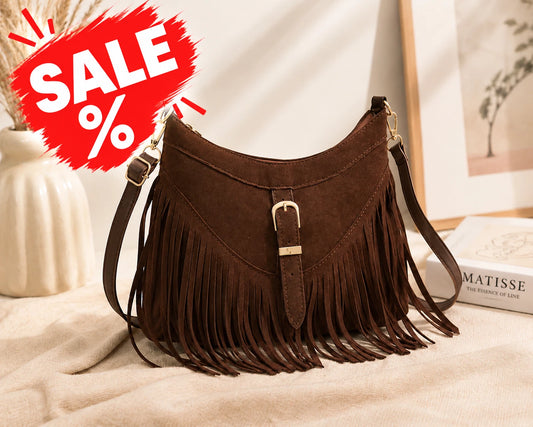 Damen Fransentasche Braun im Boho-Stil – Vegane Umhängetasche